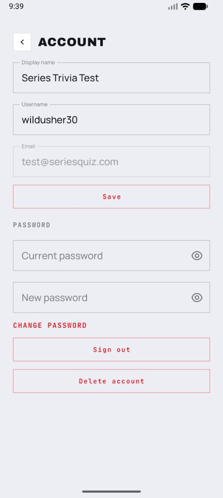 Series Trivia Account screen with Delete account at the bottom